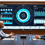 **Strategic Decision-Making with Augmented Intelligence:** A boardroom scene in Lisbon, Portugal. Executives are analyzing interactive data visualizations projected onto a large screen, depicting market trends and predictive analytics for the upcoming Christmas season. A digital overlay highlights key insights, showcasing the symbiotic relationship between human expertise and AI-driven data analysis.