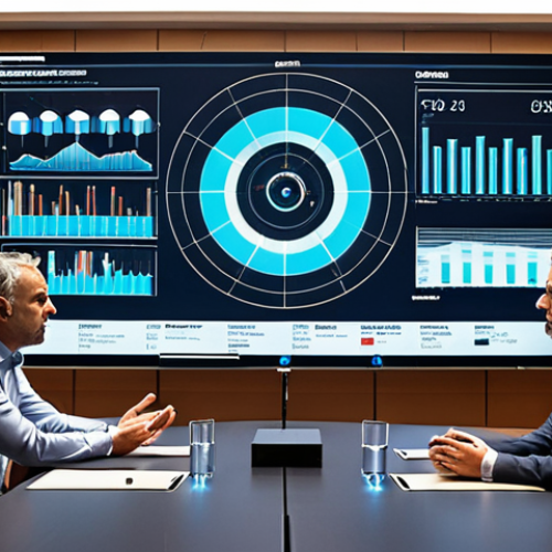Home 7 **Strategic Decision-Making with Augmented Intelligence:** A boardroom scene in Lisbon, Portugal. Executives are analyzing interactive data visualizations projected onto a large screen, depicting market trends and predictive analytics for the upcoming Christmas season. A digital overlay highlights key insights, showcasing the symbiotic relationship between human expertise and AI-driven data analysis.