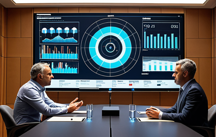 **Strategic Decision-Making with Augmented Intelligence:** A boardroom scene in Lisbon, Portugal. Executives are analyzing interactive data visualizations projected onto a large screen, depicting market trends and predictive analytics for the upcoming Christmas season. A digital overlay highlights key insights, showcasing the symbiotic relationship between human expertise and AI-driven data analysis.