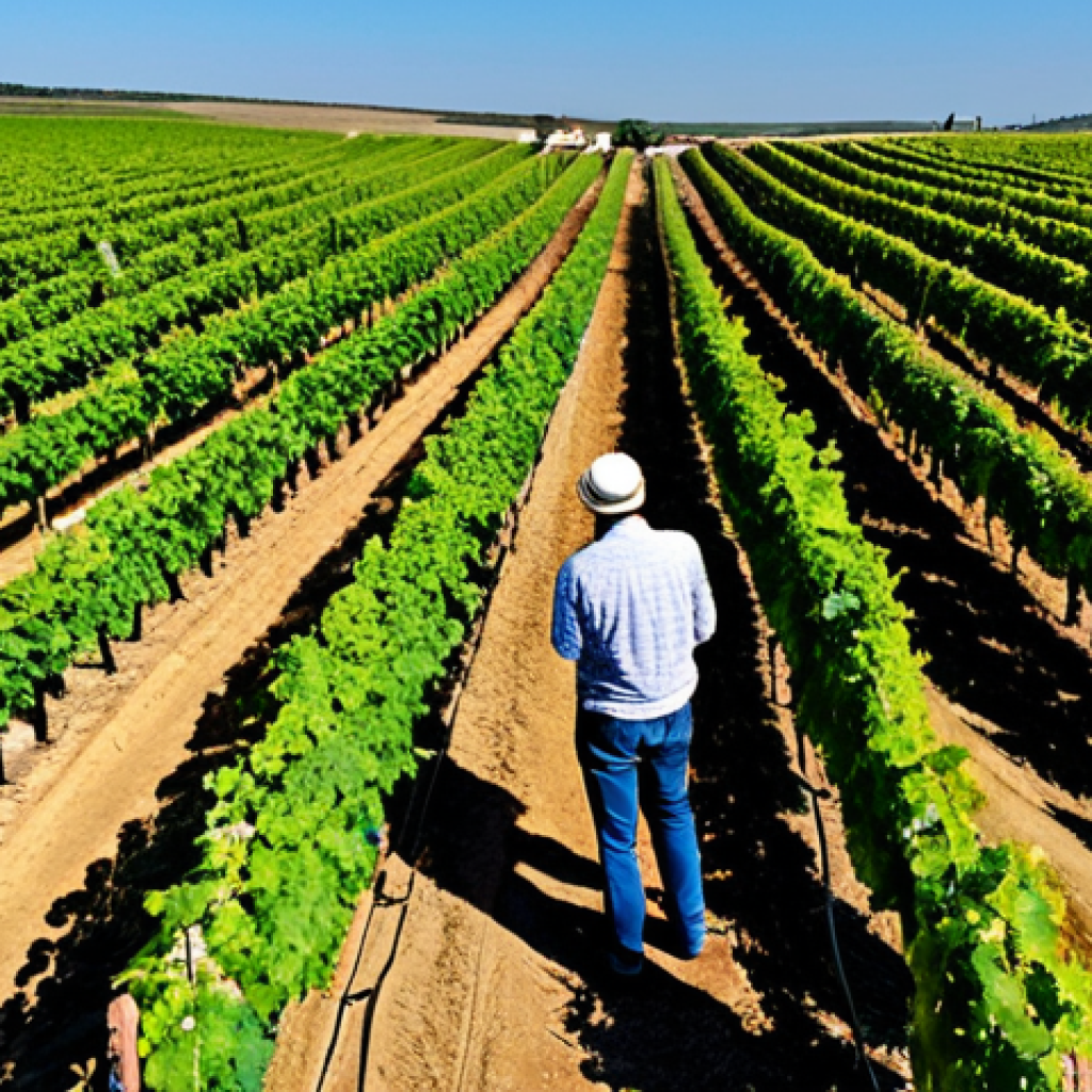 Precision Agriculture in the Alentejo**
"A drone view of a vineyard in the Alentejo region of Portugal, sunny day, showcasing rows of vines. The image highlights advanced sensors and data analysis for irrigation optimization. A farmer is inspecting the vines using a tablet, receiving real-time data. Focus on the healthy, thriving vineyard and the responsible use of water resources. Fully clothed farmer, appropriate attire, safe for work. Professional photography, perfect anatomy, correct proportions, natural light, high detail, modest clothing, family-friendly, appropriate content."
**