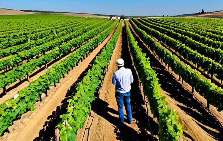 Precision Agriculture in the Alentejo**
"A drone view of a vineyard in the Alentejo region of Portugal, sunny day, showcasing rows of vines. The image highlights advanced sensors and data analysis for irrigation optimization. A farmer is inspecting the vines using a tablet, receiving real-time data. Focus on the healthy, thriving vineyard and the responsible use of water resources. Fully clothed farmer, appropriate attire, safe for work. Professional photography, perfect anatomy, correct proportions, natural light, high detail, modest clothing, family-friendly, appropriate content."
**
