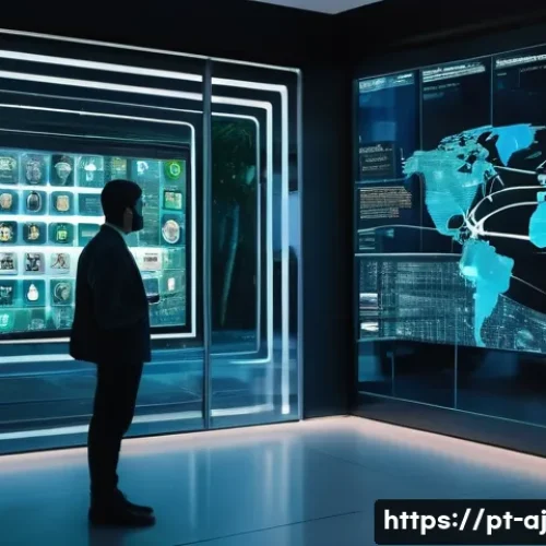 Home 30 증강인지 기술의 법적 및 윤리적 고려사항 - A futuristic office scene in São Paulo, Brazil, showing diverse professionals collaborating around t...